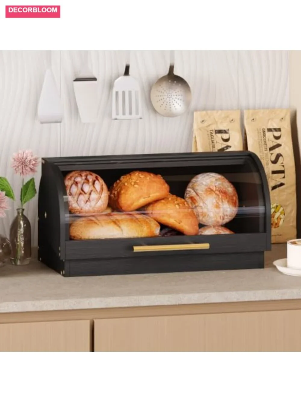 Roll Top Bread Box Bamboo Storage with Acrylic Door